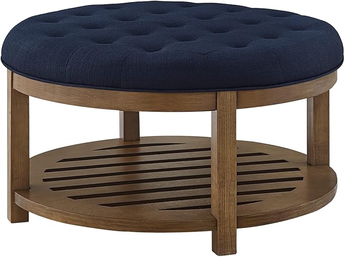 24KF Large Round Upholstered Tufted Linen Ottoman Coffee Table, Large Footrest - Image 3
