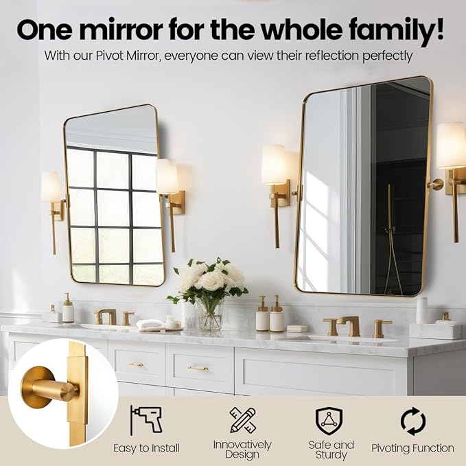 MOON MIRROR Brushed Gold Pivot Mirror, Brass Tilt Vanity Rectangle - Image 2