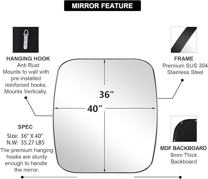 ANDY STAR Brushed Nickel Oblong Mirror, 36x40 Inch Brushed Nickel Oval Mirror - Image 3