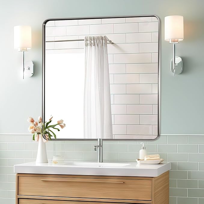 ANDY STAR 36x36 Inch Brushed Nickel Bathroom Mirror, Rounded Square Bathroom - Image 3