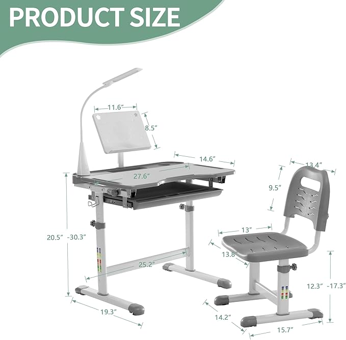 Diroan Kids Functional Desk and Chair Set, Ergonomic Height Adjustable Children - Image 7