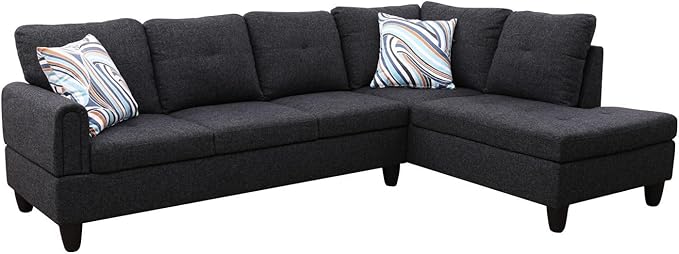 Black Grey L-Shaped 3-Piece Linen Sofa - Image 6