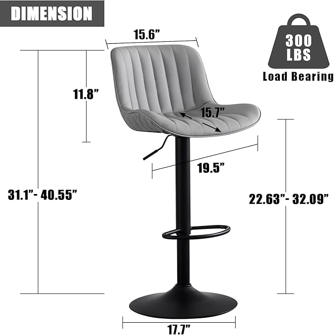 YOUNIKE Grey Bar Stools Set of 2 Kitchen Counter Height Barstools - Image 2