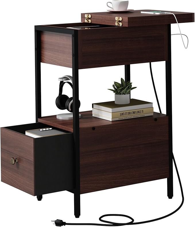 SOOWERY End Table with Charging Station, Narrow Side Table with Flip Top by SOOWERY
