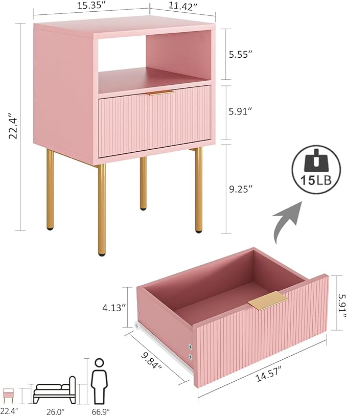 Masupu Nightstand with Charging Station, Mid-Century Modern Bedside Table with - Image 2