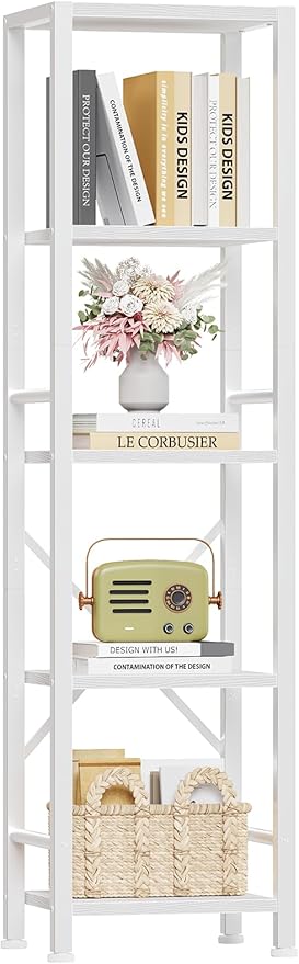 Furologee 5 Tier White Bookshelf, Tall Narrow Bookcase by Furologee