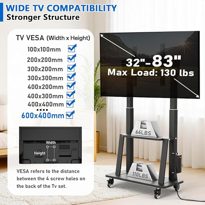 Mobile TV Cart with Power Outlet, Rolling TV Stand on Wheels - Image 3