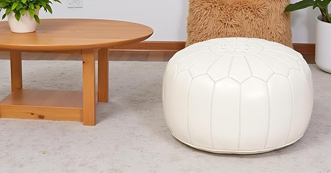 Stuffed Round Design Moroccan Leather Pouf Ottoman, Pre-Filled, 100% Genuine - Image 2
