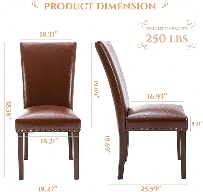 Parsons Dining Chairs Set of 2, Upholstered Nailhead PU Leather Dining Room - Image 3