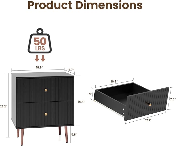 Black Night Stand Set 2, Modern Bedside Table - Image 2