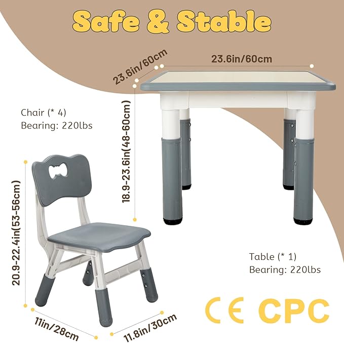 FUNLIO Kids Table and 4 Chairs Set, Height Adjustable Toddler Table and Chair - Image 6