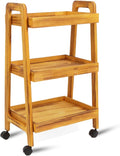 3-Tiers Ladder Shelf with Wheels, Wooden Rolling Cart, Solid Pine Wood Ladder by Kersiki