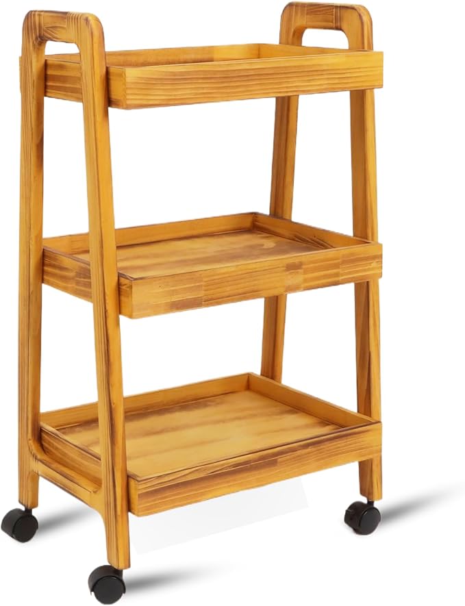3-Tiers Ladder Shelf with Wheels, Wooden Rolling Cart, Solid Pine Wood Ladder - Image 8