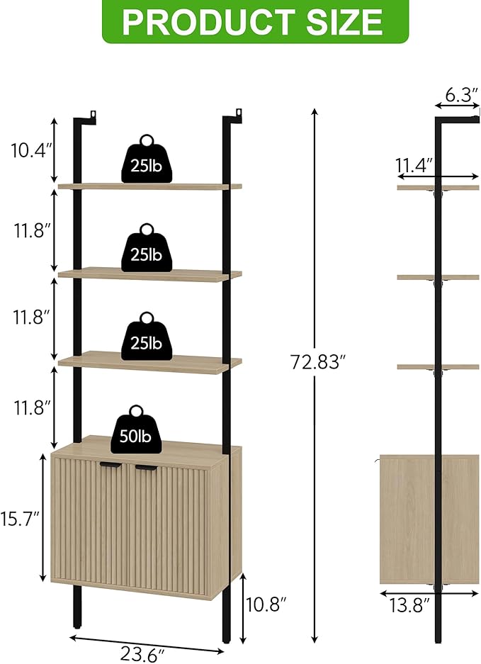 Yusong 73" Tall Bookshelf with Cabinet, Industrial Ladder Wall Mount Shelf - Image 3