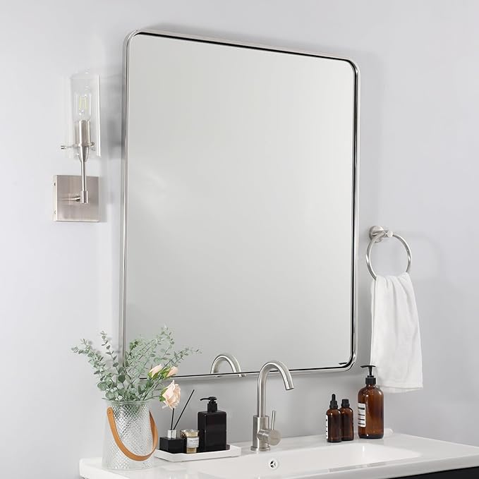 ANDY STAR Chrome Bathroom Mirror, 30x36’’ Rounded Rectangle Mirror Polished - Image 3
