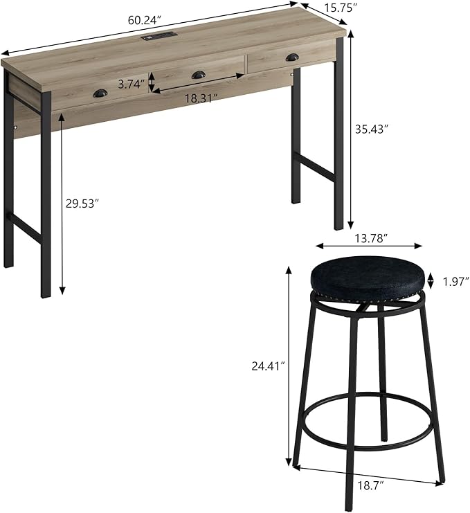 KEIKI 60.24” Long Bar High Top Dining Table and 3 Stools Chairs Set - Image 2