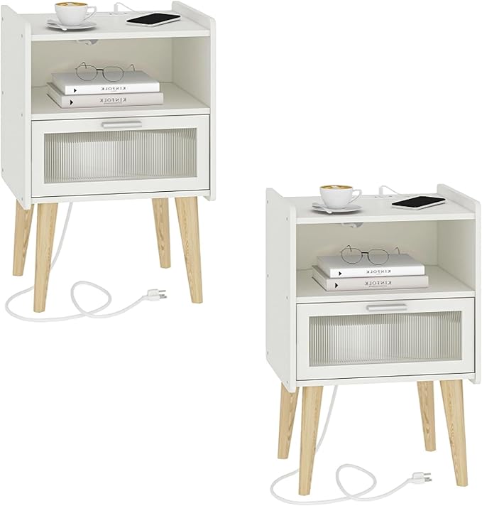 Nightstand with Charging Station, Bedside Tables, End Table Side Table with 2 by MMEOLUOOK
