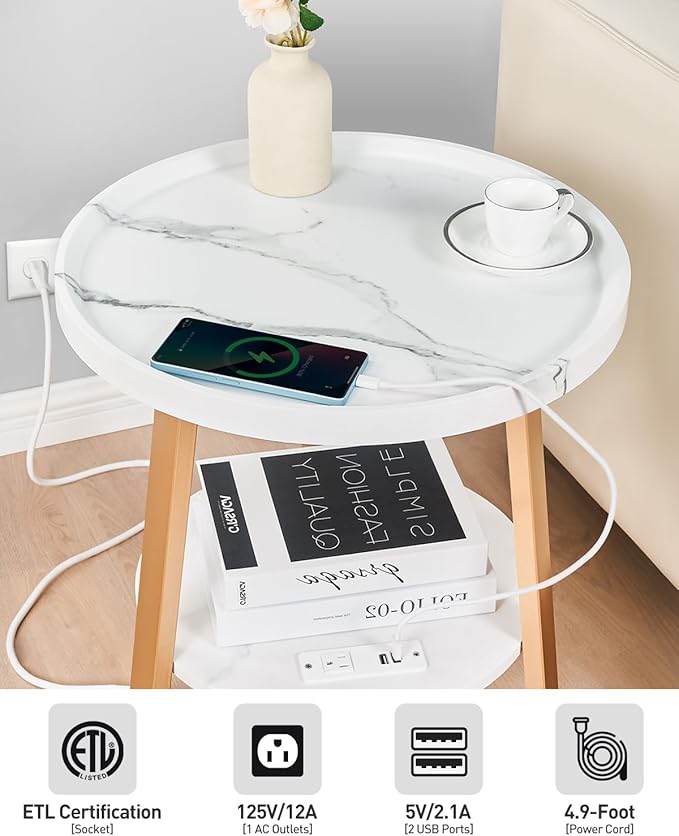Round End Table with Charging Station, 19.7" Dia x 23.63" H, Side Table with - Image 4