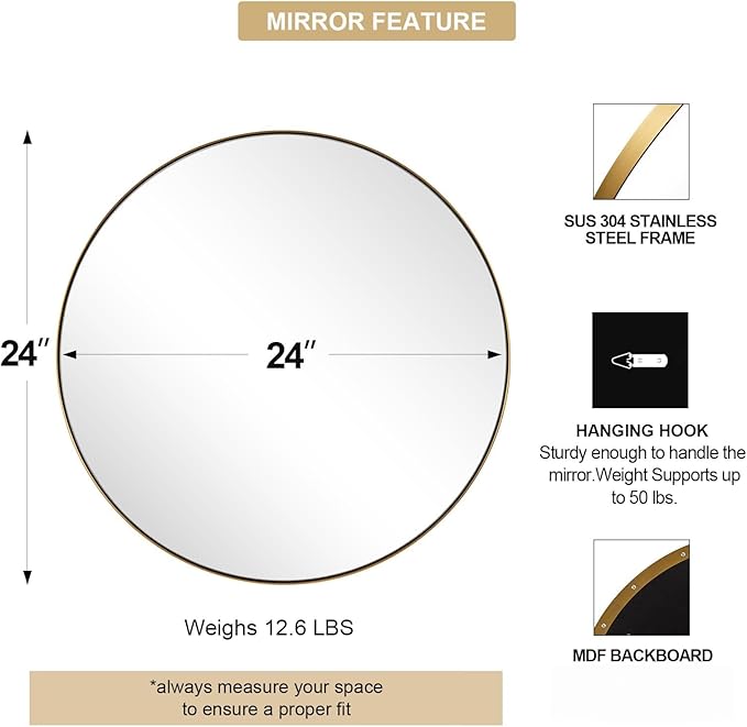 ANDY STAR Gold Round Mirror, 24’’ Brushed Gold Circle Bathroom Mirrors in - Image 2