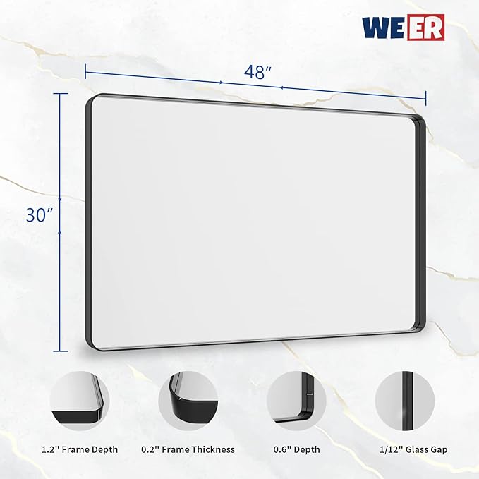 WEER 48X30 Inch Black Metal Framed Bathroom Mirror, Matte Black Bathroom Vanity - Image 6