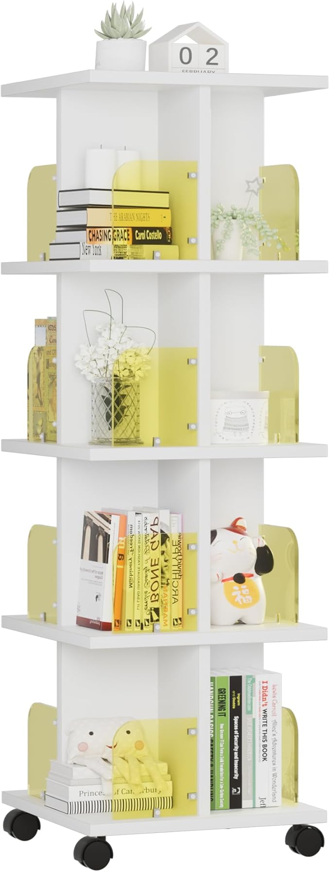 VECELO Rotating Bookshelf with Brake Wheels, 360°Display 4 Tier Floor Stackable by VECELO