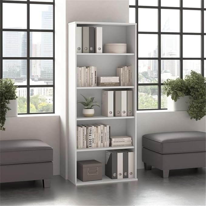 Bush Business Furniture Hustle Tall 5 Shelf Bookcase in White, Large - Image 2