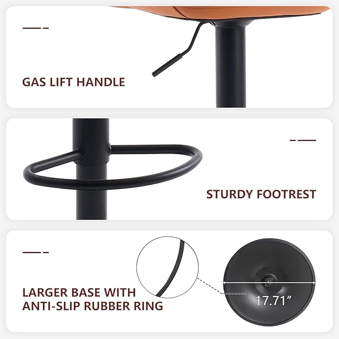 Kidol & Shellder Bar Stools Set of 2 Adjustable Swivel Orange, PU Leather - Image 4