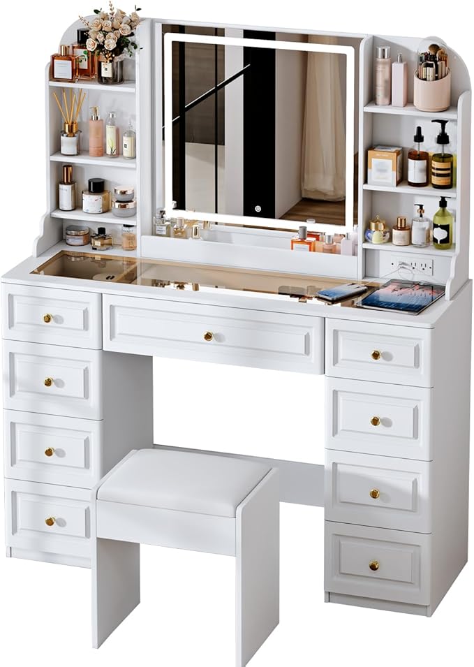 42" Makeup Vanity Desk with Mirror and Lights, & Power Outl, Glass Top Big - Image 9