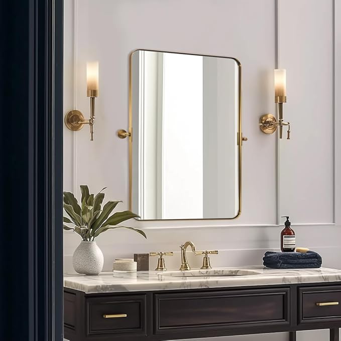 MOON MIRROR Brushed Gold Pivot Mirror, Brass Tilt Vanity Rectangle - Image 6