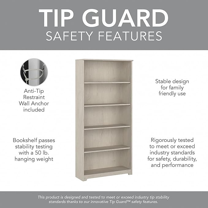 Bush Furniture Cabot Tall 5 Shelf Bookcase | Large Open Bookshelf in Linen - Image 5