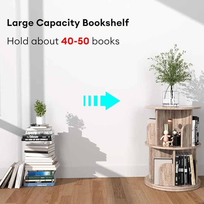 Nidouillet Small Rotating Bookshelf, 2 Tier Revolving Bookcase 360° Display - Image 5