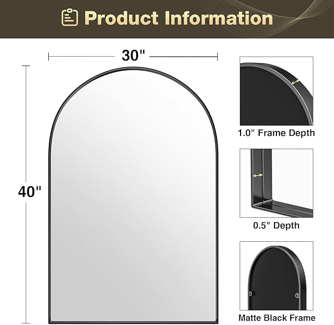 Brightify Arched Mirror, 30 x 40 Inch Black Arch Mirror, Metal Frame Black - Image 7