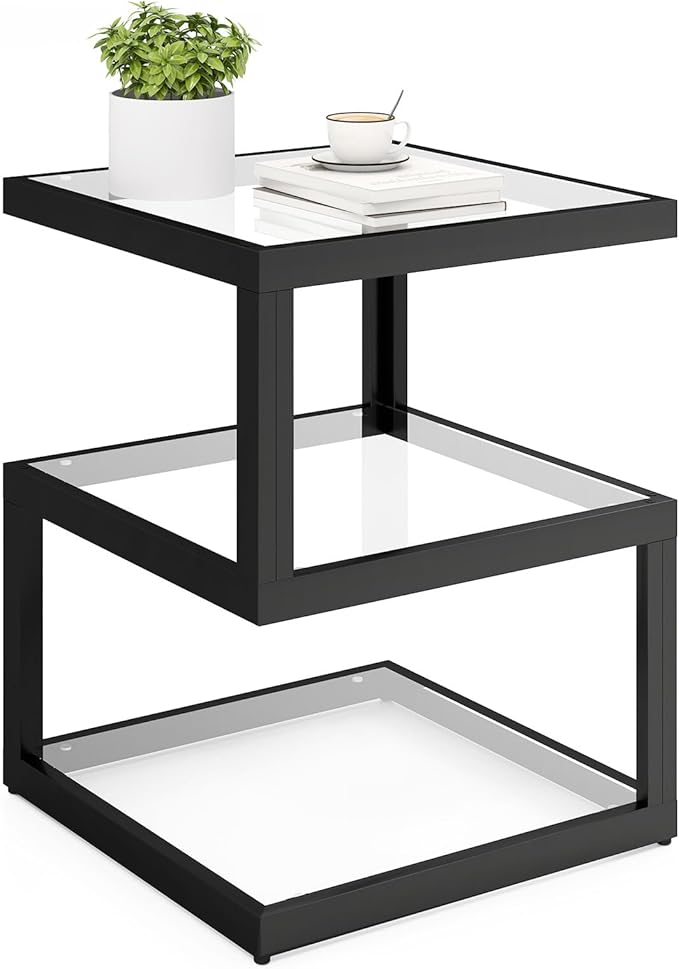 3-Tier Glass Table with LED Strip, Unique S-Shaped Design SideTable, Moderen by Permory