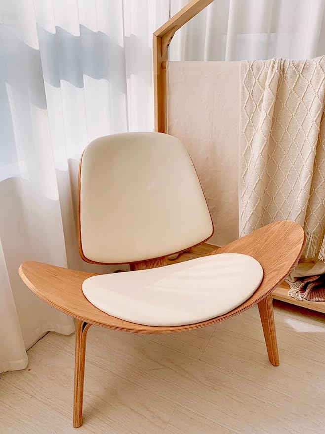 Hans Wegner Style Three- Legged Shell Chair Ash Plywood White Faux Leather - Image 6