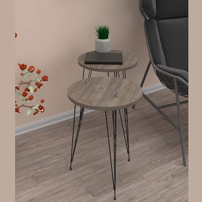 PAK HOME - Set of 2 Pine Wood Grey End Table – Round Wood Sofa Side Coffee - Image 4