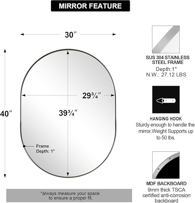 ANDY STAR Brushed Nickel Mirror Bathroom, 30x40 Inch Oval Mirrors - Image 2