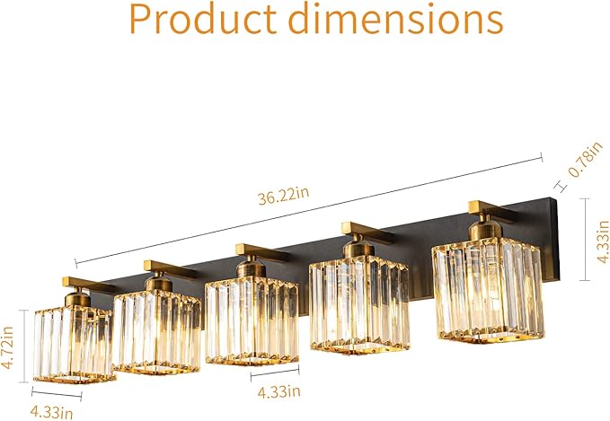Modern Bathroom Vanity Light 5-Lights Black Gold Crystal Bathroom Wall Light - Image 5