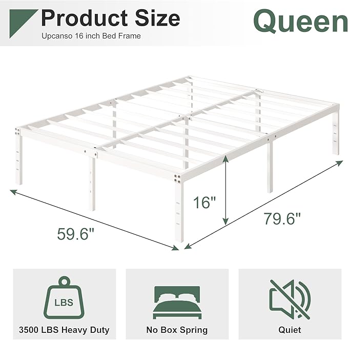 16 Inch White Queen Bed Frame No Box Spring Required, Metal Platform Queen Size - Image 2