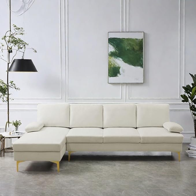 L Shape Sofa with Chaise, 4 Seat Living Room Sofa Set with Golden Wooden Leg by FONTOI