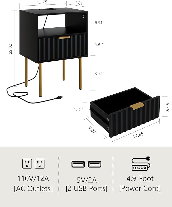 Masupu Nightstand with Charging Station, Mid-Century Modern Bedside Table with - Image 2