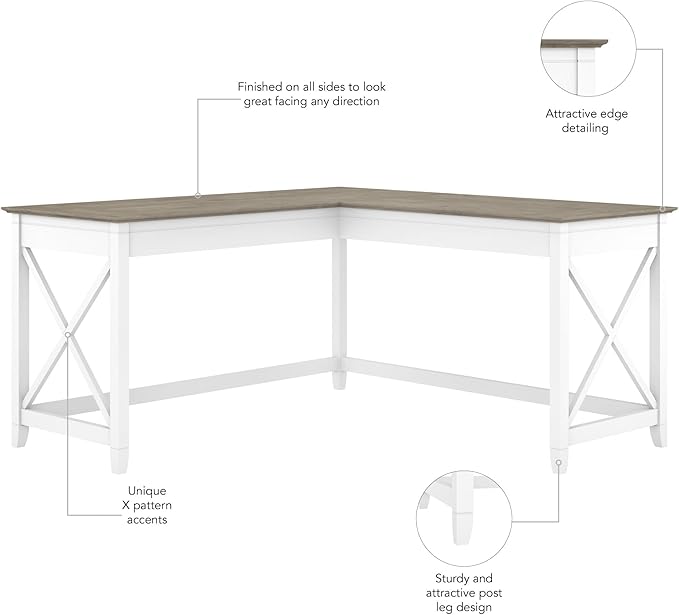 Bush Furniture Key West 60W Modern Farmhouse L Shaped Desk in Pure White and - Image 6