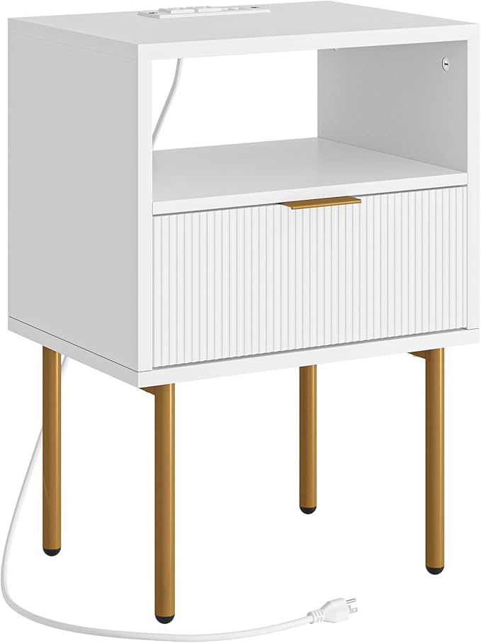 Nightstand with Charging Station, Morden Bedside Table with Gold Frame - Image 9