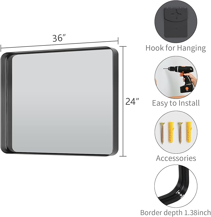 Koonmi Black Wall Mirror for Bathroom, 24x36 Inch Matte Deep Framed Rounded - Image 4