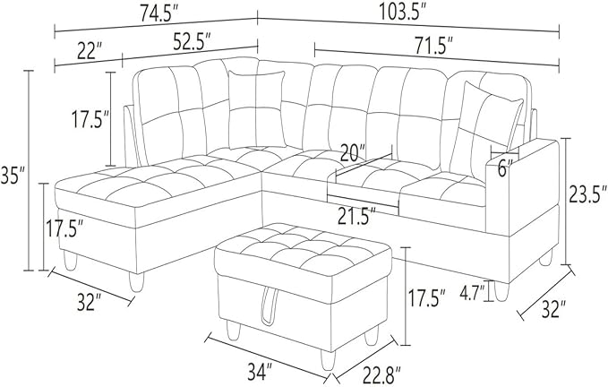 Sectional Couch with Ottoman Storage, L Shaped Sofa Furniture Sets, Modern - Image 2