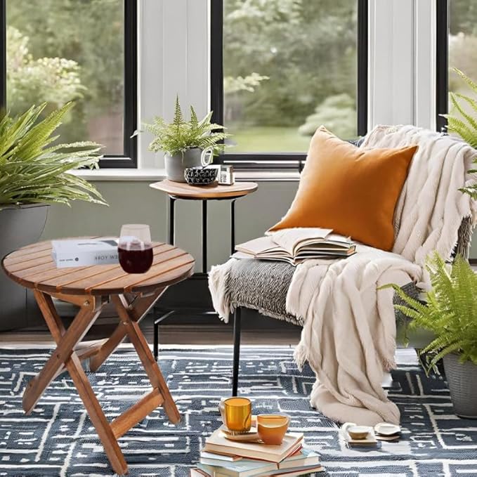 Outdoor Patio Side Table Set of 2 Small Folding Wood Round End Table Coffee - Image 2