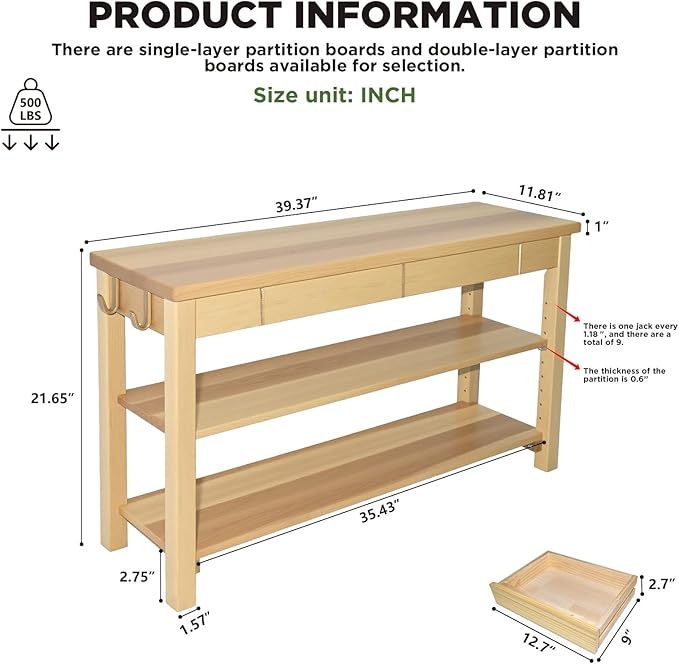 Wood Shoe Bench Entryway with Drawer: 2-Tiers Wooden Storage Shoe Rack with - Image 2