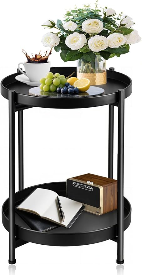 Small Side Table Round for Small Spaces Indoor Outdoor, Mini End Table Metal by Unknown