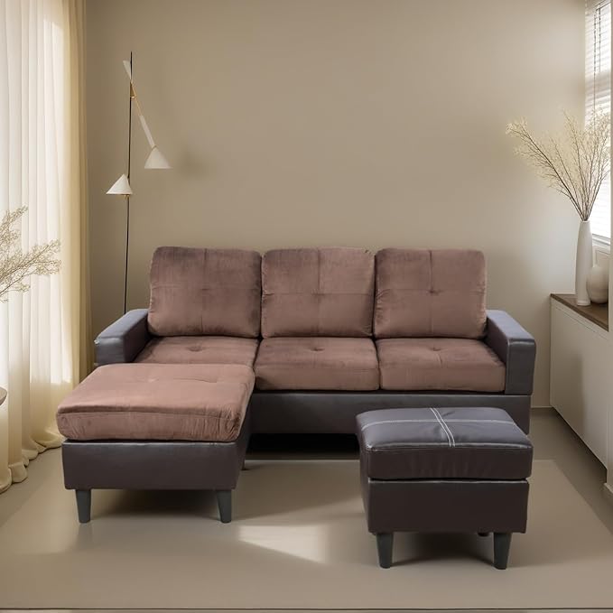 L Shaped Sofa with Ottoman, Modern Faux Leather Couch with Chaise, 3 Seat - Image 7
