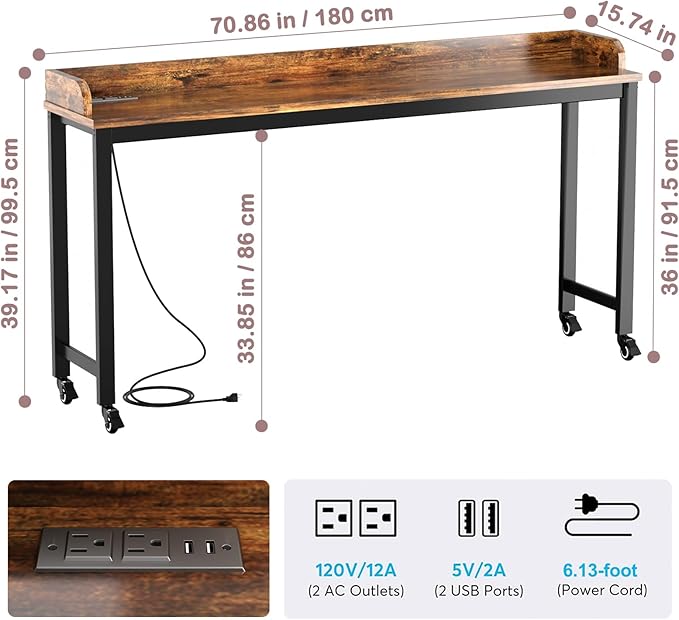 70.8" Standing Desk with Charging Station, Extra Long Desk on Wheels - Image 2