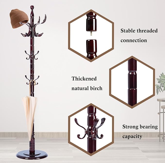Coat Rack Stand, Solid Wooden Coat Tree - Image 5